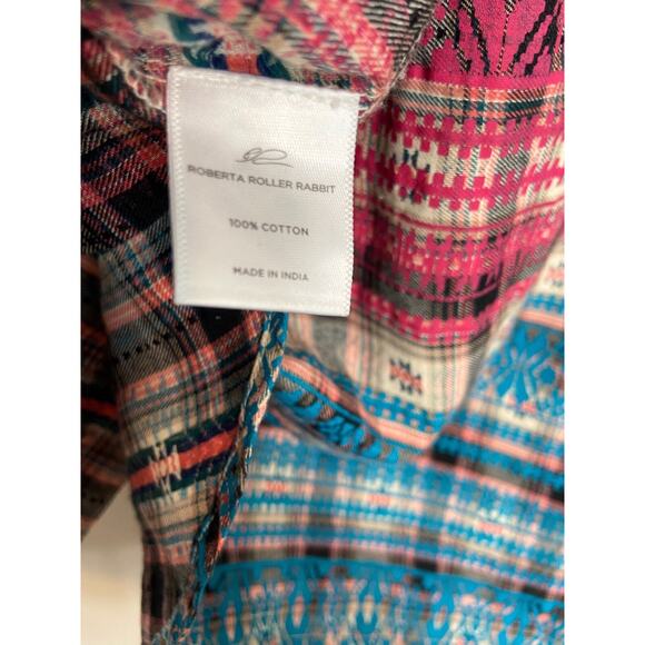 Roller Rabbit Brown Pockets Flannel Top Shirt Aztec Plaid Batik IKAT XS - Picture 12 of 12